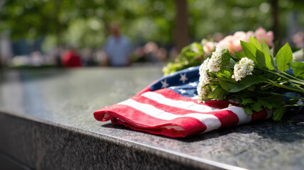A folded American flag and bouquet of flowers placed solemnly on a memorial site, honoring remembrance and tribute.