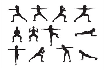 Set of women fitness silhouettes in workout poses including yoga, plank, push-up, stretching, and exercise moves. Black vector shapes isolated on white for health, sport, and design elements.