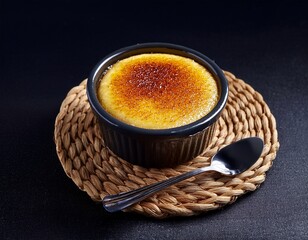 craume brarlace dessert in a black ramekin with caramelized sugar top on a woven coaster with a spoon beside against a dark background