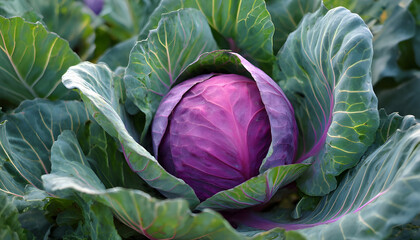 Obraz premium Garden-grown red cabbage nearing harvest with broad green foliage amidst a summer vegetable patch. Close-up on Brassica oleracea variety