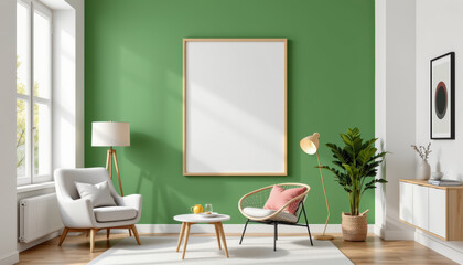 Modern green interior room design with empty living space and stylish armchair