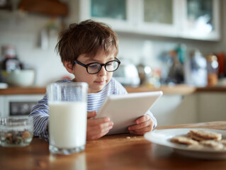A young boy in glasses uses a tablet while having a glass of milk and cookies in a cozy kitchen environment.