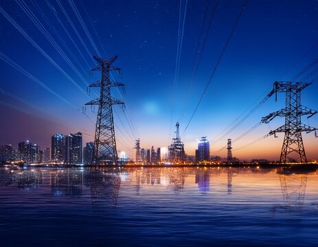 night city skyline with power lines