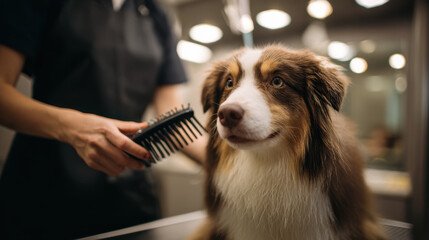 A well-groomed dog sits patiently as a groomer prepares to brush its fur in a brightly lit grooming salon.