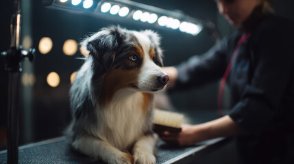 A dog being groomed at a professional salon, calm and relaxed under studio lighting while the groomer brushes its fur.
