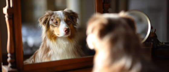 A dog intently gazes at its reflection in a mirror in a cozy indoor setting.