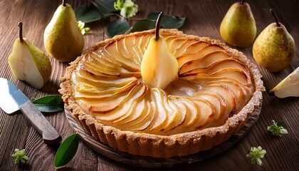 delicious pear tart topped with frangipani on a rustic wooden surface