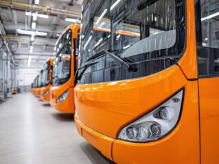 Naklejka premium A close-up view of multiple new orange public transportation buses parked in a large, well-lit factory or depot.