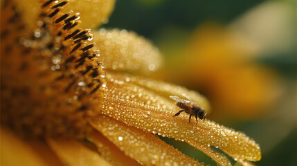 Close-up of a bee on a dew-covered yellow flower petal in the morning light, showcasing the beauty of nature.