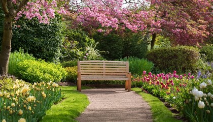charming empty wooden bench sits peacefully along a garden path surrounded by fresh spring blooms