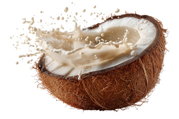 half coconut with splash of milk on top, isolated on transparent background