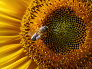 Macro close-up of a bee gathering pollen from the vibrant center of a blooming sunflower.
