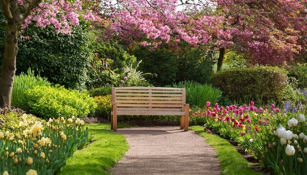 charming empty wooden bench sits peacefully along a garden path surrounded by fresh spring blooms