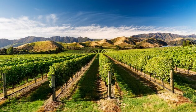 marlborough vineyard rows growing with mountain range background