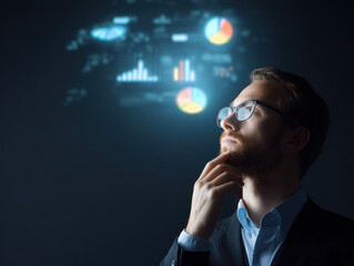 Thoughtful businessman analyzing futuristic data visualization with graphs and pie charts projected in front of him.