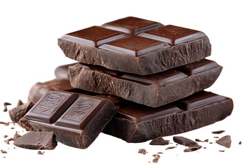 dark chocolate bar, chocolate pieces isolated on white  transparent background