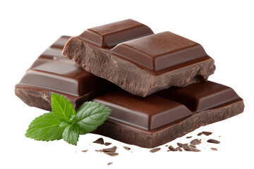 sweet chocolate bar with mint leaves, isolated on white transparent background