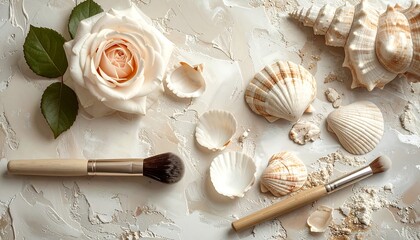 A delicate arrangement of seashells, a rose, and makeup brushes on a textured surface