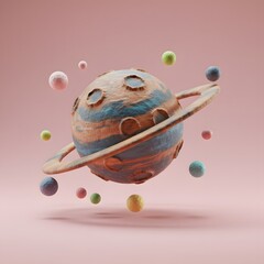 Whimsical 3D render of a cartoon planet with rings and colorful moons, set against a soft pink background, evoking a playful and imaginative space theme