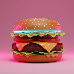 Stylized 3D render of a gourmet hamburger with vibrant neon glow, creating an eye-catching and modern fast food representation against a striking pink backdrop