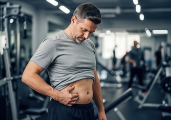 Middle-aged man with dad bod checking stomach at the gym