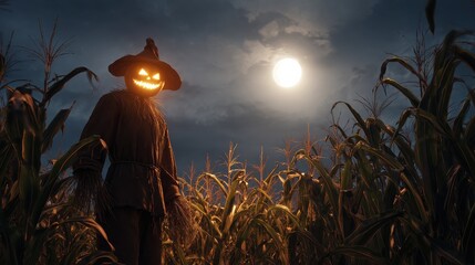 scarecrow with glowing pumpkin head standing in corn field under full moon