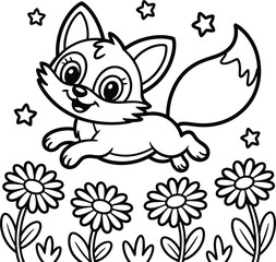 Cartoon Fox with Flowers & Stars – Black & White Vector for Kids, Nature Coloring Pages & Whimsical Design
