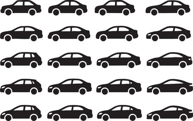 Minimal flat vector icon sheet of vehicles, solid colors, clean design, white background