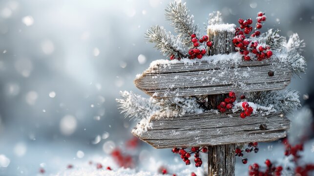 festive wooden signpost adorned with snow covered pine branches and red berries christmas
