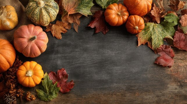 rustic autumn frame with pumpkins and fall leaves thanksgiving chalkboard background - Powered by Adobe