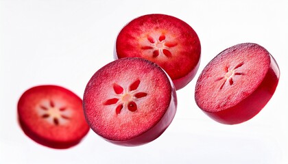 thin round slices of fresh cranberries fruit floating in the air against white background