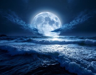 dark ocean waves under a full moon at night with dramatic lighting and turbulent water creating a moody atmosphere with copy space