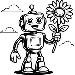 Cartoon Robot with Flower & Clouds &ndash; Black & White Vector for Kids, Whimsical Design & Nature-Tech Harmony