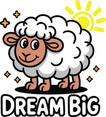 Cartoon Sheep with “Dream Big” Text – Black & White Vector for Kids, Motivation & Whimsical Animal Design