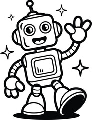 Cartoon Robot Waving with Sparkles – Black & White Vector for Kids, STEM Learning & Whimsical Tech Design