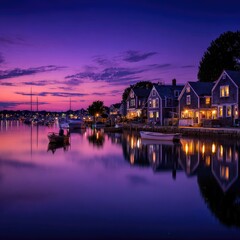 Obraz premium Picturesque harbor town at twilight. Houses with dark gray siding reflect in still water, lit by warm interior lights. Purple-pink sunset sky. Small boats on the water
