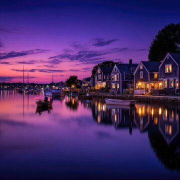 Picturesque harbor town at twilight.  Houses with dark gray siding reflect in still water, lit by warm interior lights.  Purple-pink sunset sky.  Small boats on the water