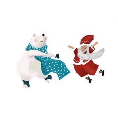 A playful polar bear and Santa character enjoying winter activities, illustrated in a hand-drawn style with cozy details. Great for seasonal promotions, kids' merchandise, and joyful winter scenes.