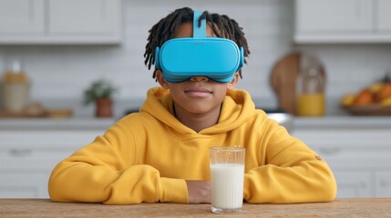 Young child wearing virtual reality headset sitting at wooden table with glass of milk in bright kitchen environment, exploring new digital experiences