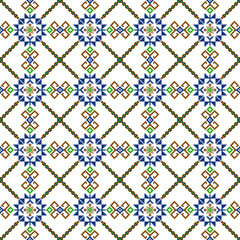 seamless floral pattern
Vector illustration of a seamless geometric diamond pattern on a white background. The intricate design mimics traditional cross-stitch or ethnic embroidery, featuring symmetri