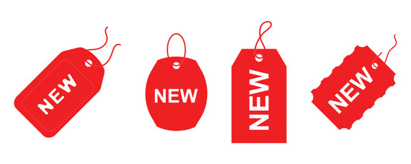 New product labels. Red stickers with "New" labels in price tag, circular badges and spark shape frames for sale, special offer and new arrival promotion. © RadiantForms