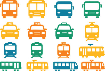 Minimal flat vector icon sheet of vehicles, solid colors, clean design, white background
