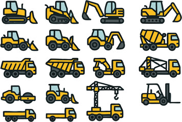 Minimal flat vector icon sheet of vehicles, solid colors, clean design, white background