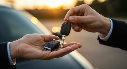 Fototapeta premium Man handing car keys to another person during sunset outdoors 