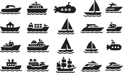 Minimal flat vector icon sheet of vehicles, solid colors, clean design, white background