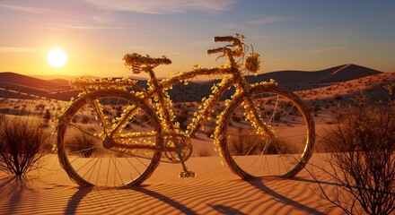 Fototapeta premium Vintage bicycle resting on sand dunes at sunset with golden light