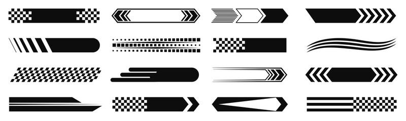 Racing cars and race car stripes set. Checkered flag, start and finish line, motocross labels, dynamic lines, motorsport, racing stripe speed, sport decals, tuning stickers, speed motion elements