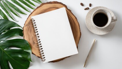 Flatlay of a blank spiral notebook on a wood slice, next to a cup of coffee, pen, cocoa beans, and tropical leaves on a white surface