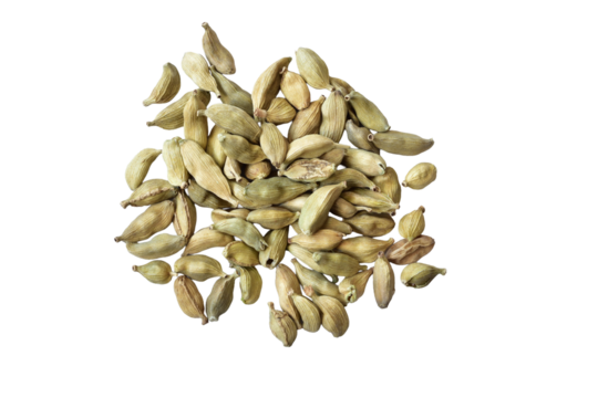 Spice cardamom seeds lie on a white background.