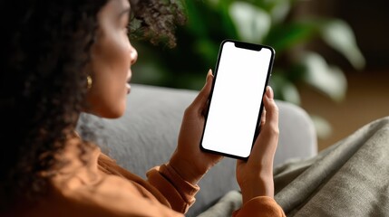 young black african woman holding smartphone in hand with white black empty mockup screen template using cell phone relaxing on sofa at home over shoulder view mobile apps advertising concept no logo